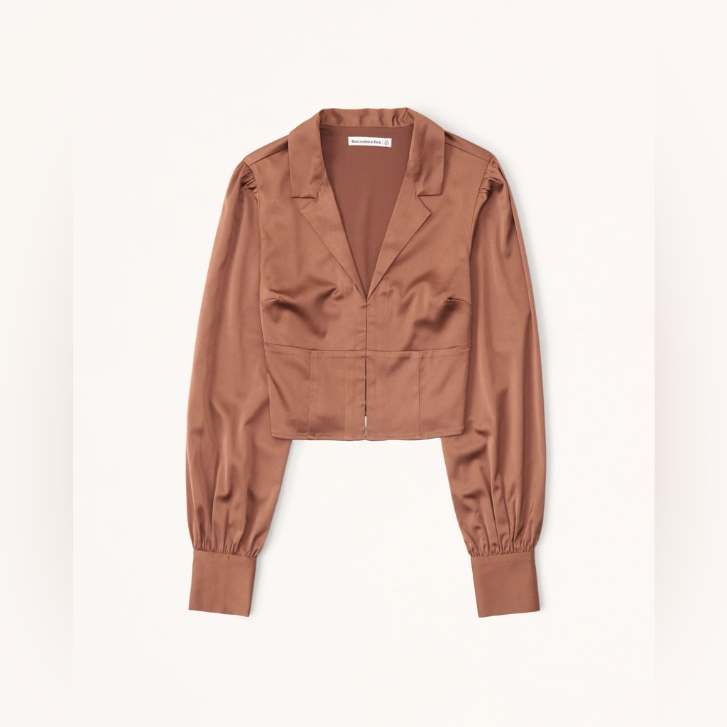 Abercrombie And Fitch Long-Sleeve Satin Hook-And-Eye Shirt Cropped Brown Size Xs
